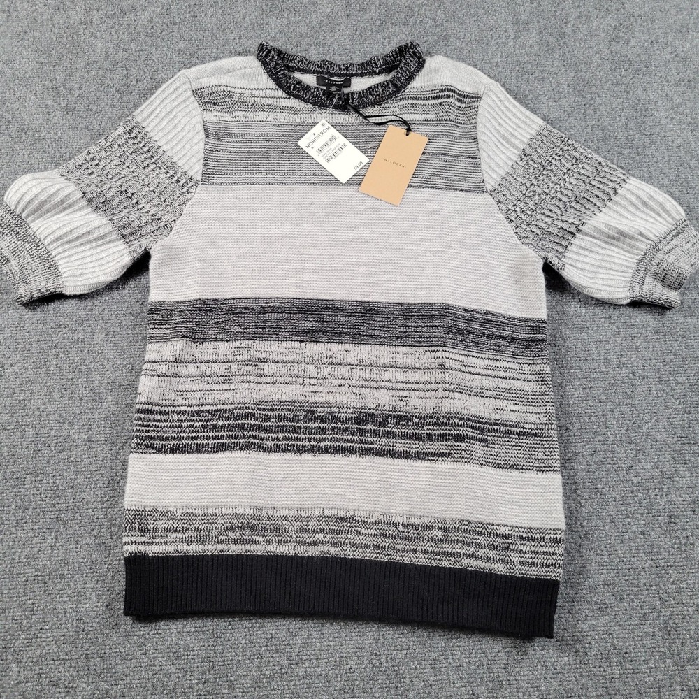 Halogen Sweater Womens Medium Grey Clara Striped Short Sleeve Pullover Knit NWT